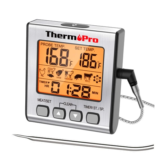 ThermoPro TP16S Digital Meat Thermometer for Cooking and Grilling, BBQ Food Thermometer with Backlight and Kitchen Timer, Grill Temperature Probe Thermometer for Smoker, Barbecue, Oven, Baking,Oil