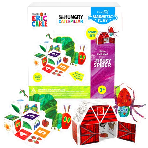 CreateOn Eric Carle The Very Hungry Caterpillar & Bonus Very Busy Spider Playset, Magnetic Building Toys, Educational, STEM and Montessori Tools, Magnetic Tiles for Kids Ages 3+, 24 Pieces