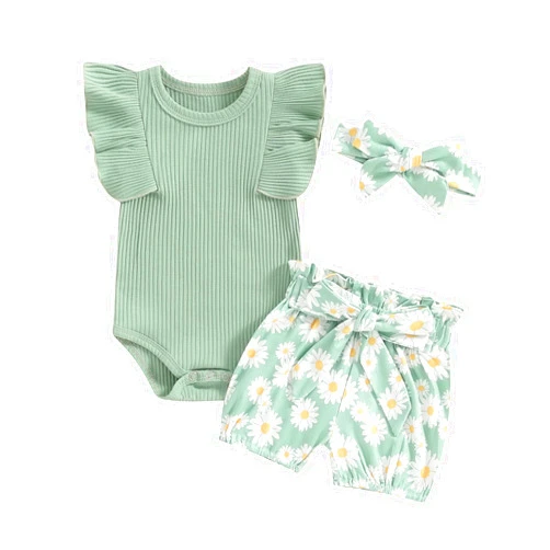 Fumilery Newborn Baby Girl Summer Clothes Cute Daisy Print Fly Sleeve Romper Ruffle Shorts Headband Set Infant 3Pcs Outfits (C-B Green, 3-6 Months)