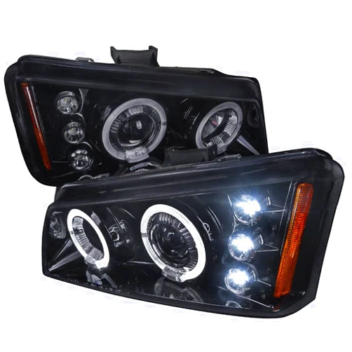 Spec-D Tuning Dual Halo LED Glossy Black Smoke Projector Headlights Compatible with 2003-2007 Chevy Silverado, Left + Right Pair Headlamps Assembly