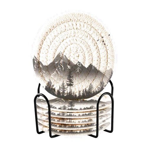 Msyxl Alpine Mountain Pattern Drink Coasters Set - 6 Pcs Minimalist Woven Coasters with Holder for Home Decor, 3.94 Inch Absorbent Coasters for Drinks