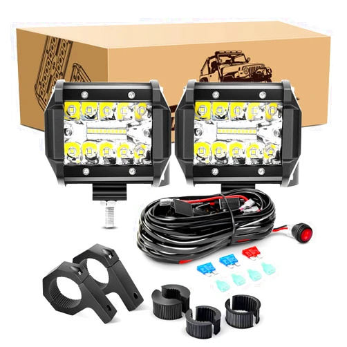 GOOACC 2PCS 60W 4 Inch Triple Row LED Pods Fog Light Mounting Bracket Horizontal Bar Tube Clamp Driving Lighting with 16AWG Off Road Wiring Harness-2 Leads for Truck Golf Cart, Clear,White (Auto-633)