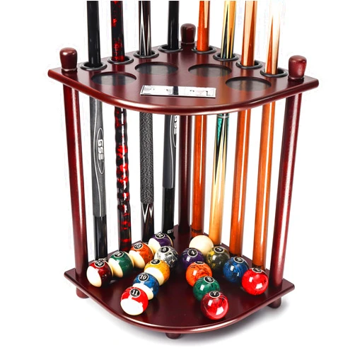 GSE Games & Sports Expert Billiards Pool Stick Holder Only, Corner-Style Floor Stand Billiard Cue Racks with Score Counters, Holds 8 Pool Cue Sticks and a Full Set of Balls (Mahogany)