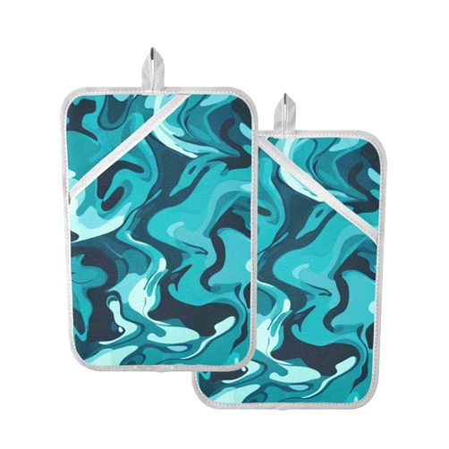 Foiosoh Pot Holders for Kitchen Heat Resistant Camouflage Turquoise Potholder with Pockets Hot Pads for Cooking Oven Pad 2 Pack
