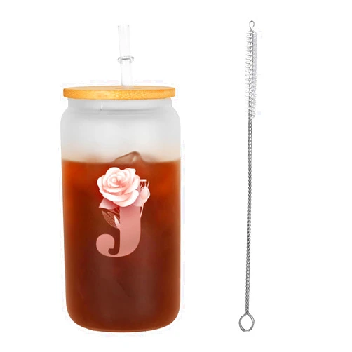 HIZEE 16 oz Monogrammed Can Glass Cups with Bamboo Lids and Straw 1 pack,Initial Letter Glass Cup for Iced Coffee Juice Soda - Customized Gifts for Women and Friends (Letter J)