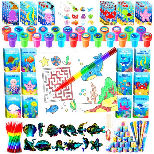 BenLouis 192Pcs Under the Sea Party Favors Ocean Animals Party Coloring Books Set Bulk for Kids Sea Fish Birthday Mermaid Party Goodie Bag Fillers School Classroom Gift Rewards Activity Supplies
