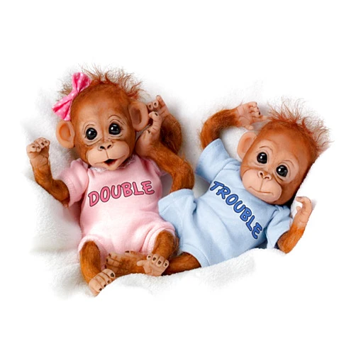 The Ashton-Drake Galleries Double Trouble Baby Orangutan Twin Dolls by Cindy Sales, Poseable Lifelike Monkey Dolls with Hand-Applied Hair and Personalized Outfits