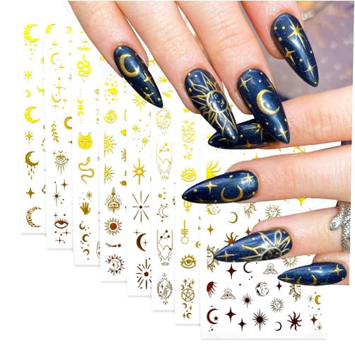 Vopintpy 8 Sheets Gold Star Moon Nail Art Stickers Decals Snake Sun Eye Nail Stickers 3D Self Adhesive Nail Decals Design Various Patterns Nail Art Decals for Women DIY Manicure Decoration Supplies