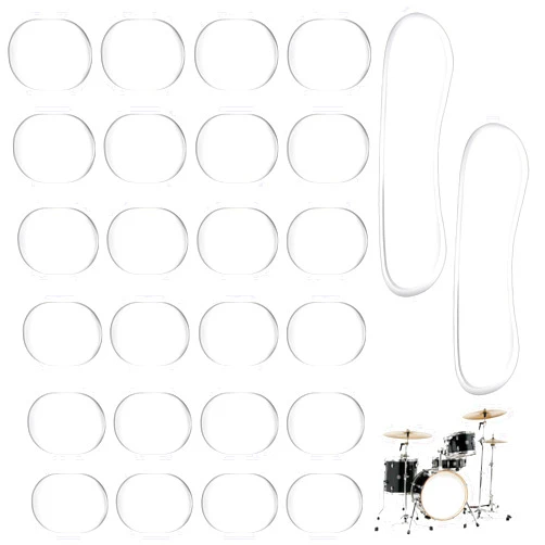 AEXHOT Drum Damper Gel Pads, 24pcs Round and 2pcs Transparent Silicone Drum Mufflers Strong Adhesive Drum Mute Pads Soft Drum Dampening Gel Pads for Snare, Drum Cymbal Tone Control Overtone Resonance