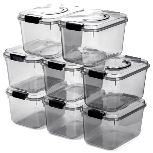 Elsjoy Set of 8 Plastic Storage Bins with Lid & Handle, 5.5 Quart Clear Storage Container Lidded Latch Box, Stackable Organizer Bins for Home, Closet, Shelf, Transparent Black