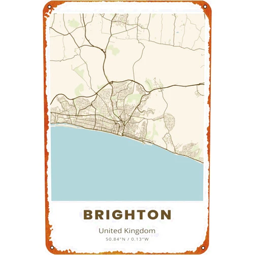 KIVYYB Brighton City Map Poster 8 x 12 Inches - Vintage Metal Tin Sign for Home Bar Pub Garage Decor Gifts