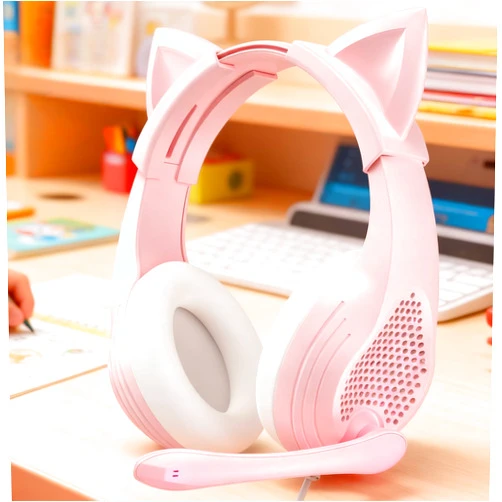 GIME Gaming Headset with Mic - Pink Cat Ears Wired Over Ear Headphones with Microphone - Compatible with Xbox, PS4, PS5, PC, Phones