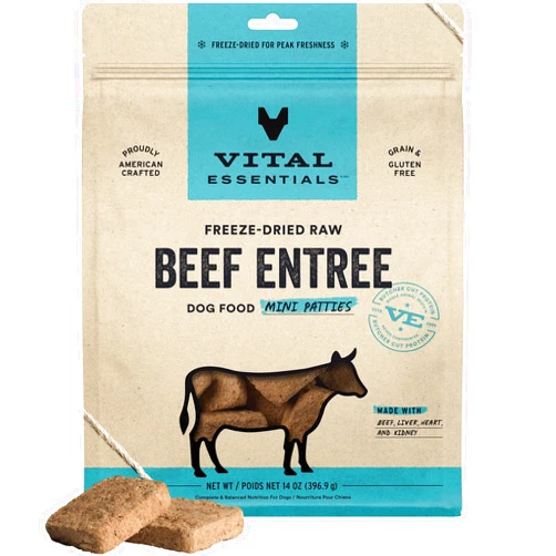 Vital Essentials Freeze Dried Raw Dog Food, Beef Mini Patties Entree, 14 oz