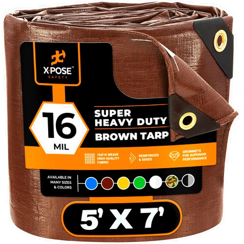 Xpose Safety Super Heavy Duty 16 Mil Brown Poly Tarp Cover - Thick Waterproof, UV Resistant, Rip and Tear Proof Tarpaulin with Grommets and Reinforced Edges - by Xpose Safety (5' x 7')