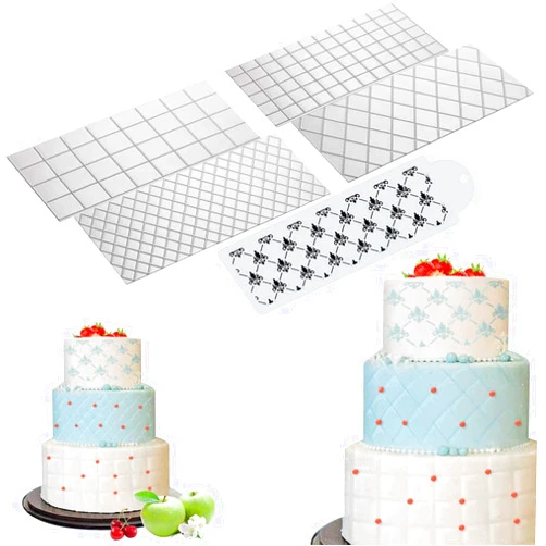 KISSBUTY Wedding Cake Stencil Template, Kissbuty 5 Pcs Cake Decorating Embossing Plastic Spray Floral Cake Cookie Fondant Side Baking Mesh Stencil Mat Wedding Decor Tools (Diamond Quilted Grid Texture)