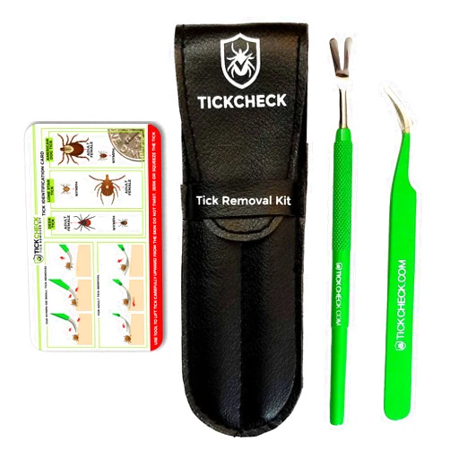 TickCheck Premium Tick Remover Kit - Stainless Steel Tick Remover + Tweezers, Leather Case, and Free Pocket Tick Identification Card (1)