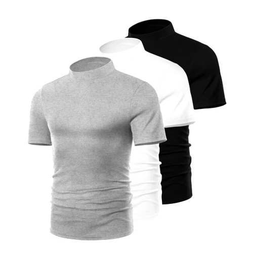 Ficerd 3 Pack Men's Turtle Neck Shirts, Short Sleeve Mock Turtleneck T Shirts Knitted Slim Fit Basic Undershirt Tops