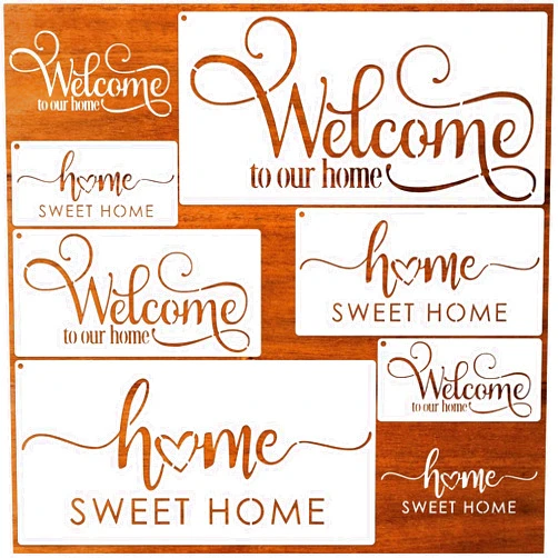 Hosomono 6 Pieces Welcome Stencils for Painting on Wood, Family Doormat Stencils Welcome Sign Templates for Painting Fabric Wall Wood Sign (Welcome-2)