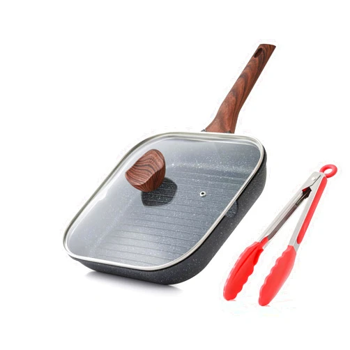 Kordisen Nonstick Grilling Pan with Lid for Stove Tops, 9.5 Inch Square Grill Pan for Indoor Cooking, Granite Coating Grill Skillet with Pour Spouts, Versatile Griddle, Induction Steak Pan, PFOA Free