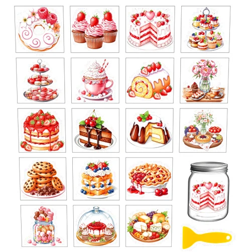 GLOBLELAND 18 Sheets Dessert Cake Candy Transfer Stickers 3.9x3.6inch Colorful Biscuits Pudding Transfer Decal Rub on Transfer for Cup Decal Vase Glass Art Crafts Decorations
