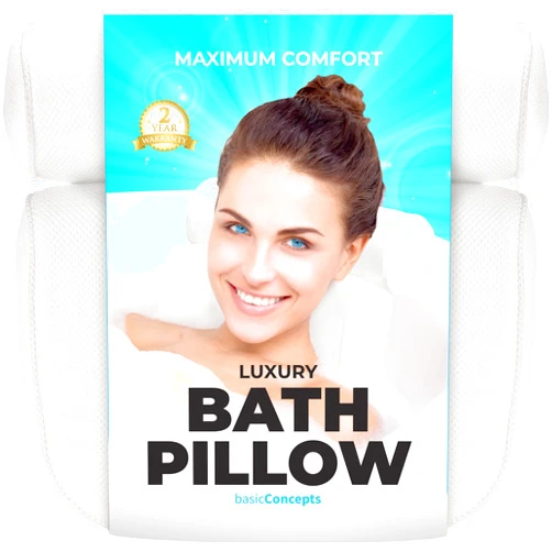 BASIC CONCEPTS Bathtub Pillow for Neck and Back Support with Drying Hook, Bathtub Pillow Machine Headrest for Soaking & Straight Back Tubs - Bath Accessories, Machine Washable, 6 Suction Cups