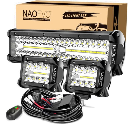 NAOEVO 12Inch LED Light Bar and 2PCS 4Inch LED Pod Lights, 420W 42000LM LED Fog/Driving/Off Road Lights Bar, Spot Flood Combo LED Light Bar with Wiring Harness Kit-3 Lead for Truck ATV Boat