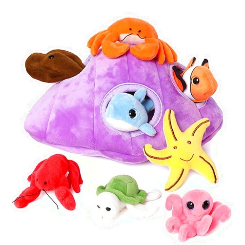 Muiteiur Plush Soft Ocean Animals Set with Plush Sea Shell House includes Stuffed Turtle, Lobster, Crab, Dolphin, Devil Fish, Octopus, Starfish, Clownfish (Multicolor,8 Piece)