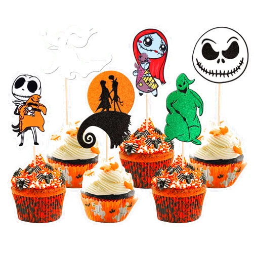 ZHUOWEISM 24 PCS Jack Skellington Halloween Cupcake Toppers Glitter Skull Ghost Jack and Sally Cupcake Picks for Nightmare Before Christmas Theme Wedding Anniversary Birthday Party Cake Decorations Supplies