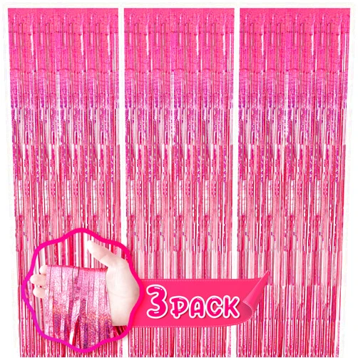 Kipommic 3 Pack Foil Fringe Backdrop Curtains - Laser Pink Tinsel Streamers for Girl Women Birthday, Graduation, Baby Shower, Gender Reveal, Disco, Bachelorette Party Decorations