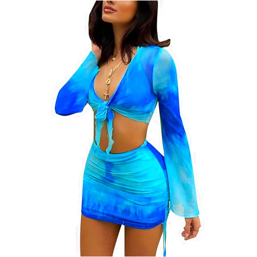 UBGBHO Womens 2 Piece Sexy V Neck Long Sleeve Sheer Mesh Cover Up Skirt Sets