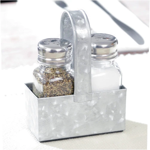 WH Farmhouse Salt and Pepper Shaker Set with Premium Padded Caddy, Galvanized Metal and Glass - Rustic Vintage Restaurant and Kitchen Table Decor by Walford Home