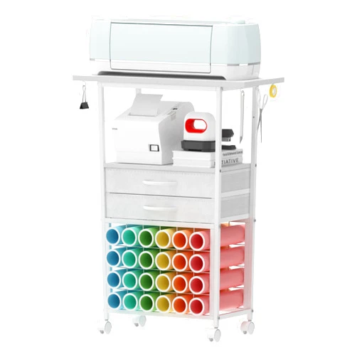 VENNQD Organizer and Storage Stand Compatible with Cricut Machines,Rolling Storage Cart/Shelf with 24 Vinyl Roll Holders，2 Fabric Drawer,Accessories Holder,Tool Hook for Craft Room Home (white)