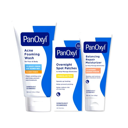 PanOxyl Before Bed Skincare Routine Bundle - Acne Foaming Wash Benzoyl Peroxide 10%, PM Overnight Spot Patches & PM Balancing Repair Moisturizer