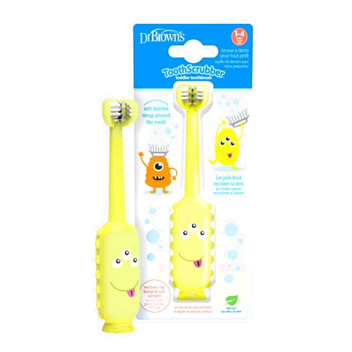 Dr. Brown's ToothScrubber Toddler Toothbrush, Triple-Sided Training Toothbrush with Suction Cup Base, Green, Baby Oral Care, Ages 1-4 Years