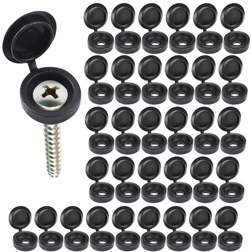 HANXOZU 50 Pieces Hinged Screw Cover Caps Plastic Shutter Screw Caps Fold Screw Snap Covers Washer Flip Tops (Black,M)