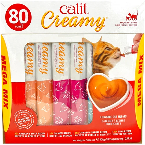 Catit Creamy Lickable Cat Treat, Healthy Cat Treat, 4 Flavours, 80 Tubes, 800g (80 X 10g)