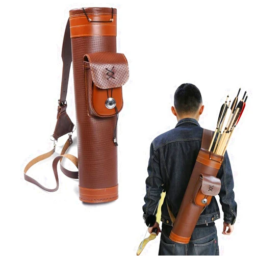 TOPARCHERY Traditional Shoulder Back Quiver Bow Leather Arrow Holder with Large Pouch Handmade Straps Belt Bag Brown