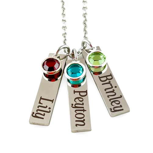 Amelia's Expressions Personalized 3 Bar Birthstone Name Necklace, Engraved Stainless Steel, Silver Tone, Customized Gift, Gift for Grandmother, Gift for Mom