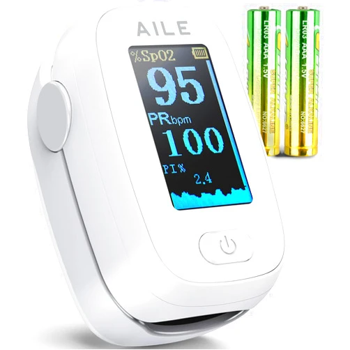 AILE Pulse Oximeter with Fingertip Oxygen Meter : AILE Compact Fingertip Pulse Oximeter - Blood Oxygen/Heart Rate Monitor - 4 Color Screen Display - Including 2AAA Batteries for Athletic & Home (White)