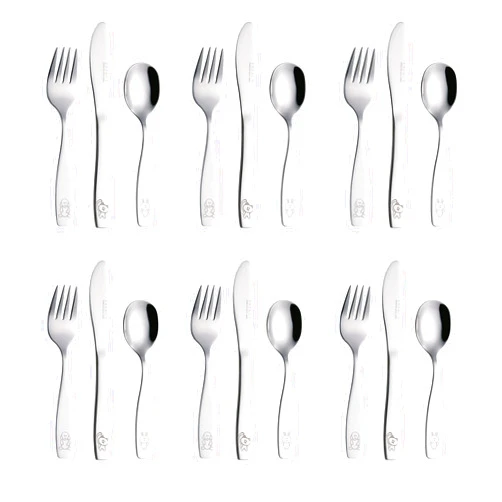 Exzact Children's Flatware Kids Silverware 18pcs/Toddler Utensils - 6 x Forks, 6 x Dinner Knives, 6 x Spoons - Dishwasher Safe - Engraved Dog Cat Bunny