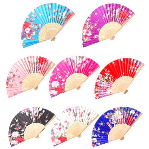 BABEYOND 8pcs Floral Folding Hand Fan Vintage Handheld Satin Folding Fan with Different Flower Patterns Fabric Folding Fan for Wedding Dancing Party (Color Random Selected with wooden ribs)