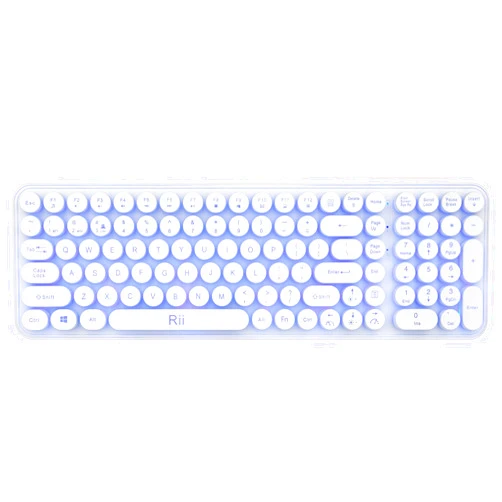 Rii Wireless Typewriter Style Gaming Keyboard, Multi-Device Connections（ Dual BT+2.4G） 7-Color RGB Backlit, 105 Retro Punk Round Keys Keyboard, for Windows/Mac/PC/iOS/Android，White（Updated）