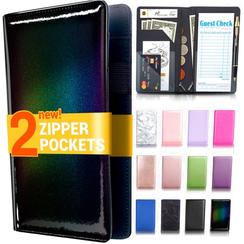 Forvencer Server Book with 2 Zipper Pockets, Leather Server Books for Waitress, Waiter Book, Sturdy Waitress Book with Money Pocket and Zipper, Servers Book Waitress Accessories Fit Server Apron, Glitter Black