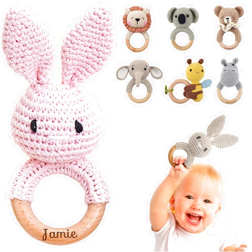 FCQIANKM Personalized Baby Rattle, Custom Baby Shower Toy, Wooden Baby Rattle, Montessori Toy, Baby Rattle, Birthday Gift, Crochet Animal Rattle, Baby Gift (Personalized Name)