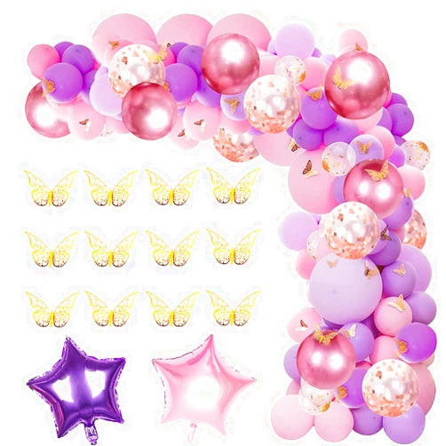 Erweicet 126 Pcs Butterfly Pink and Purple Balloon Garland Kit, Butterfly Theme Balloon Arch with Gold Butterfly Star Foil Balloons for Girls Women Birthday Baby Bridal Shower Wedding Party Decoration