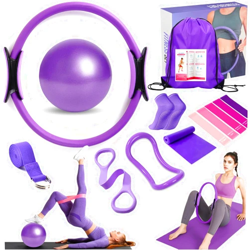 HELISAN Pilates Ring Equipment Set, Home Pilates Kit for Women with 13’’ Magic Ring with Dual Padded Handles, Small Pilates Ball, 5 Resistance Bands & Complete Fitness Guide, Pilates Essential Accessories