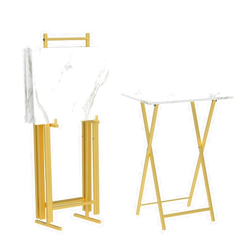 HOOBRO Folding TV Tray Tables, Set of 4 TV Trays with Storage Rack, Industrial Side Table for Eating at Couch, Foldable Snack Table for Small Space, Easy Assembly, Marble and Gold DM50BZ01