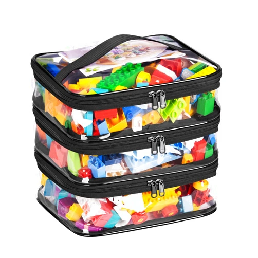 MISSLO 3-Layer Storage Organizer with 3 Manual Pockets Clear Storage Bag for Puzzles, Bricks, Building Blocks, Crafts (Black)