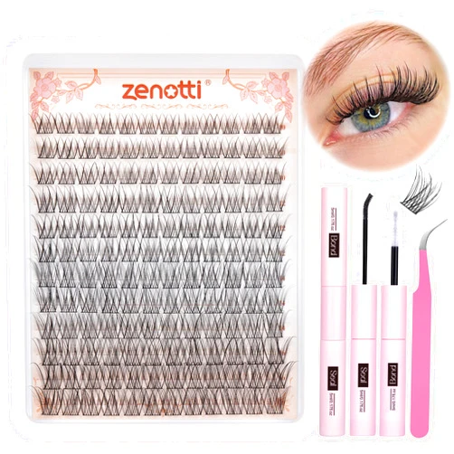 Zenotti Wispy Lash Clusters Kit Natural Lash Extension Kit DIY Eyelash Extension Kit 144pcs C Curl Cluster Lashes 10-16mm Mixed Individual EyeLashes Cluster with Lash Bond and Seal Lash Tweezers by zenotti