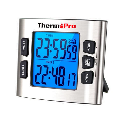 ThermoPro TM02 Digital Kitchen Timer with Dual Countdown Stop Watches Timer/Magnetic Timer Clock with Adjustable Loud Alarm and Backlight LCD Big Digits/ 24 Hour for Kids Teachers